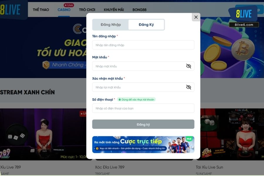 Đăng ký tài khoản 8live tham gia dễ dàng