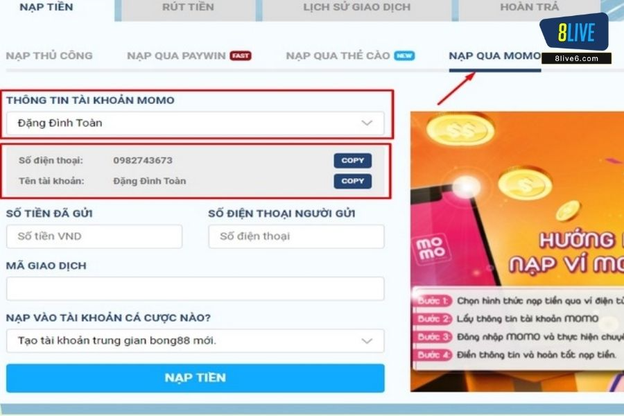 Hướng dẫn nạp tiền vào nhà cái 8Live nhanh chóng, an toàn